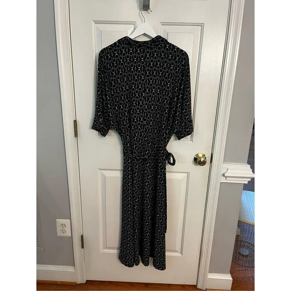 Lauren Ralph Lauren Black Equestrian Print 1/2 Button Belted Slinky Shirt Dress